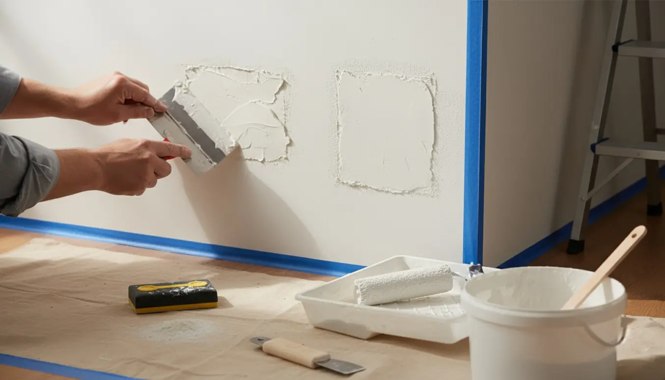 Hænder reparerer og maler en lille hvid væg med spartelmasse og malerulle.