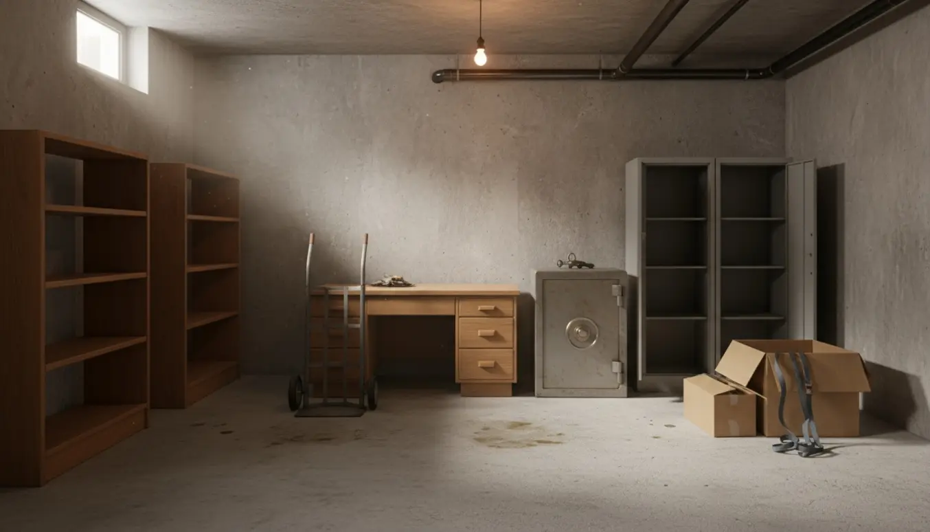 Tømt kælder med tomme reoler, skabe, et skrivebord og et gammelt pengeskab med nøgler.