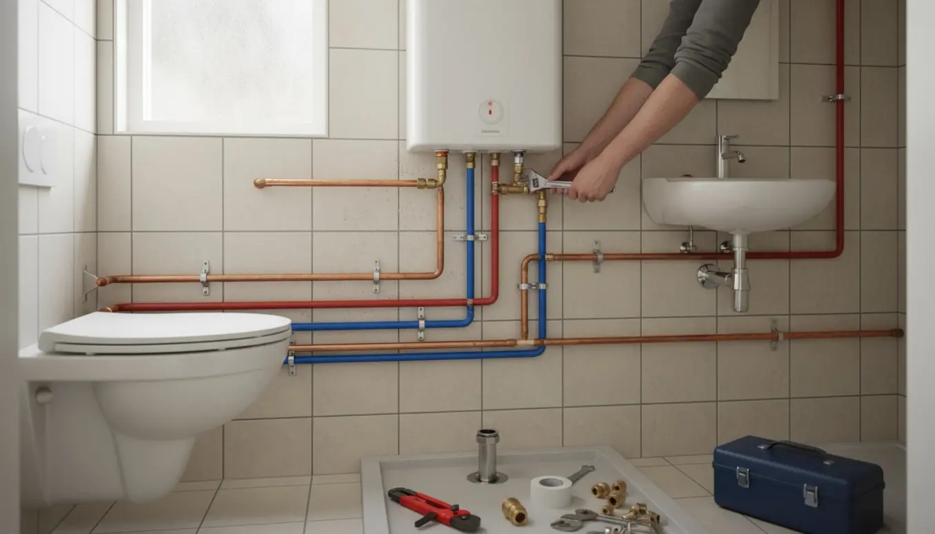 Synlige rør føres langs væggen til en vægmonteret varmtvandsbeholder over toilettet i et lille kolonihavebadeværelse.