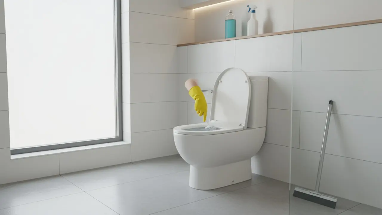 Person i handsker rengør toiletkummen i et lyst, rent badeværelse med rengøringsmidler i baggrunden