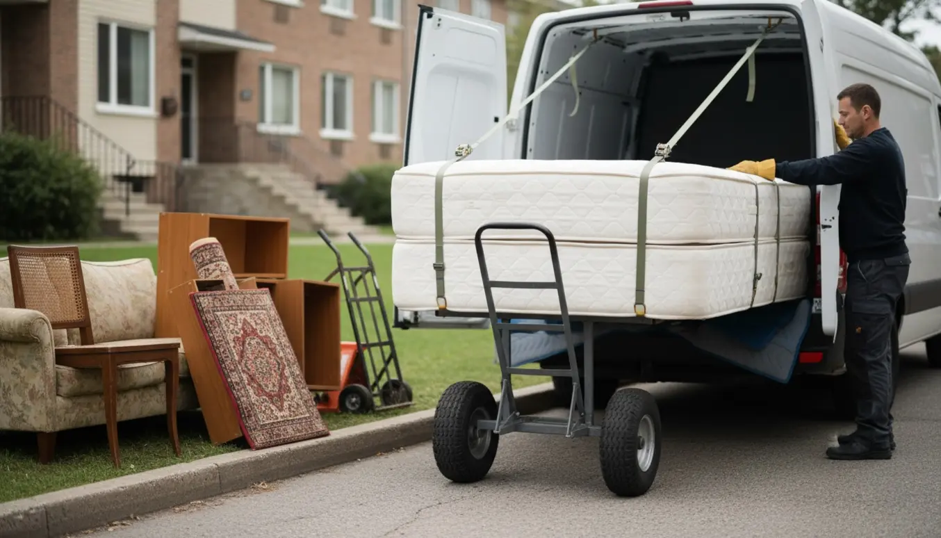 En boxmadras løftes ind i en varevogn ved et storskraldsområde, personer uden synlige ansigter.