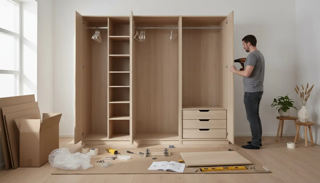 Tre PAX-garderobeskabe under samling i en lys, moderne lejlighed i Søborg med værktøj og dele spredt omkring.