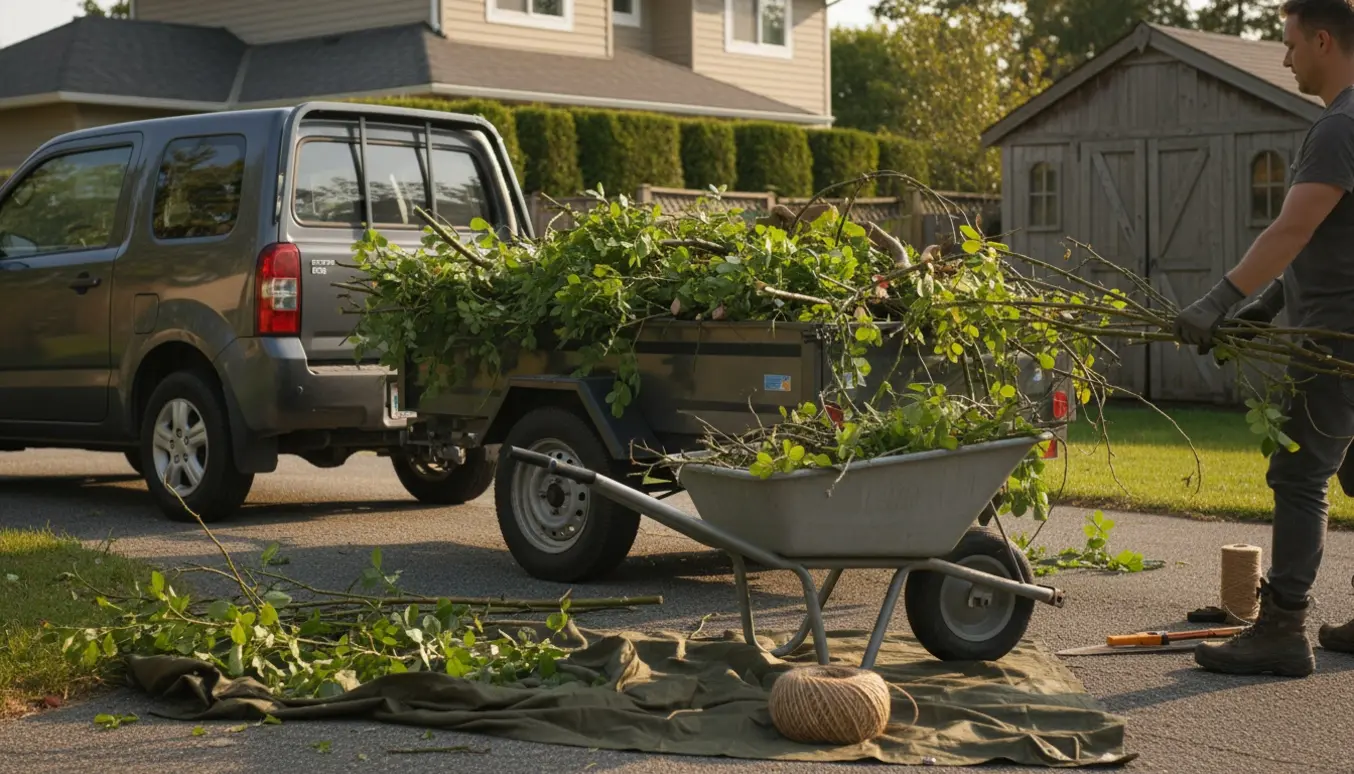 Trailer og trillebør fyldt med afskårne grene i indkørsel, klar til bortkørsel.