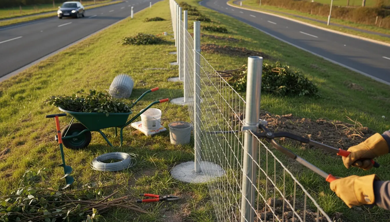 Nærbillede af arbejdshænder der monterer trådhegn langs en skråning med værktøj, rulletråd og oprydningsbunker ved en vej.