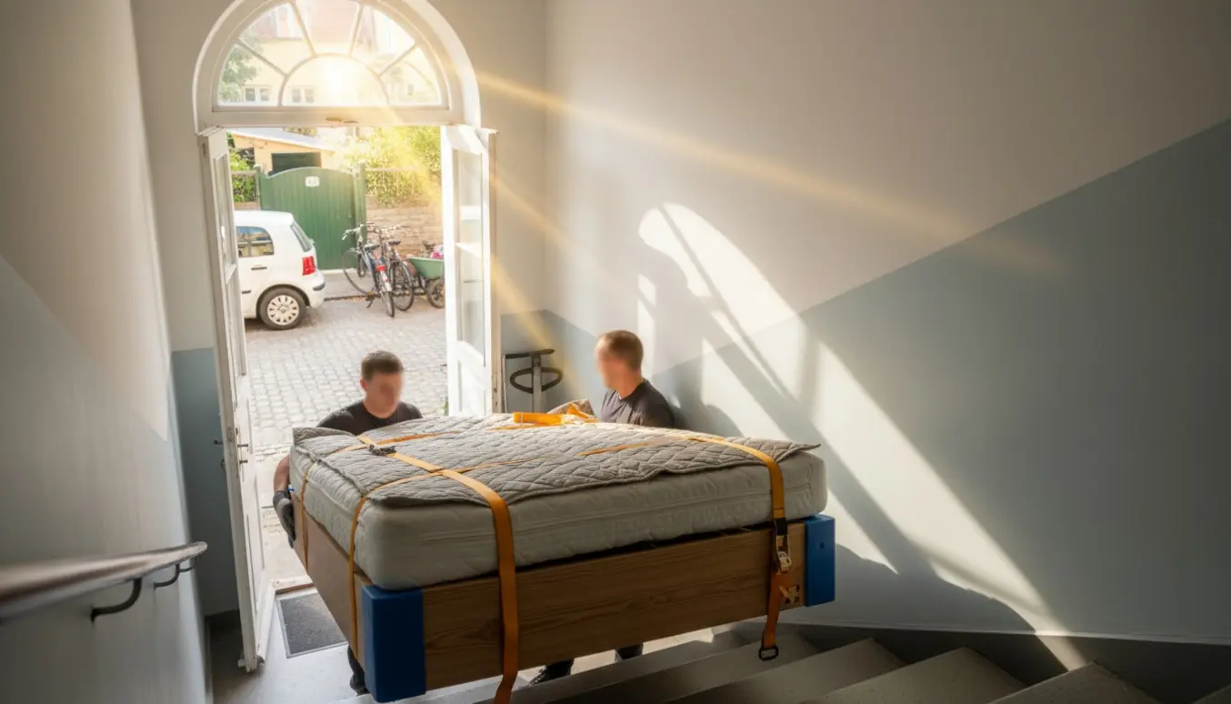 To personer bærer en træramme-elevationsseng ned ad en trappe, klar til at blive læsset i en varebil mod kolonihaven.