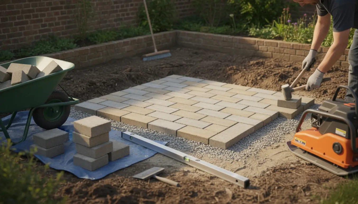 Udsnit af en lille 1,8 x 2,5 m fliseflade hvor Holmegårdssten lægges på fin grus og sand efter rørarbejde.