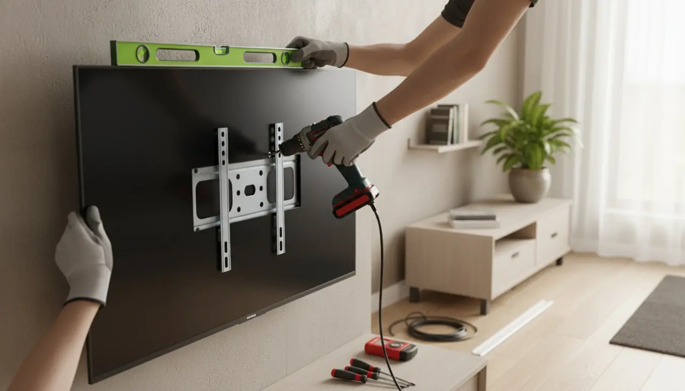 Et tv bliver monteret på væggen i en stue; hænder justerer beslagene med værktøj klar på gulvet.