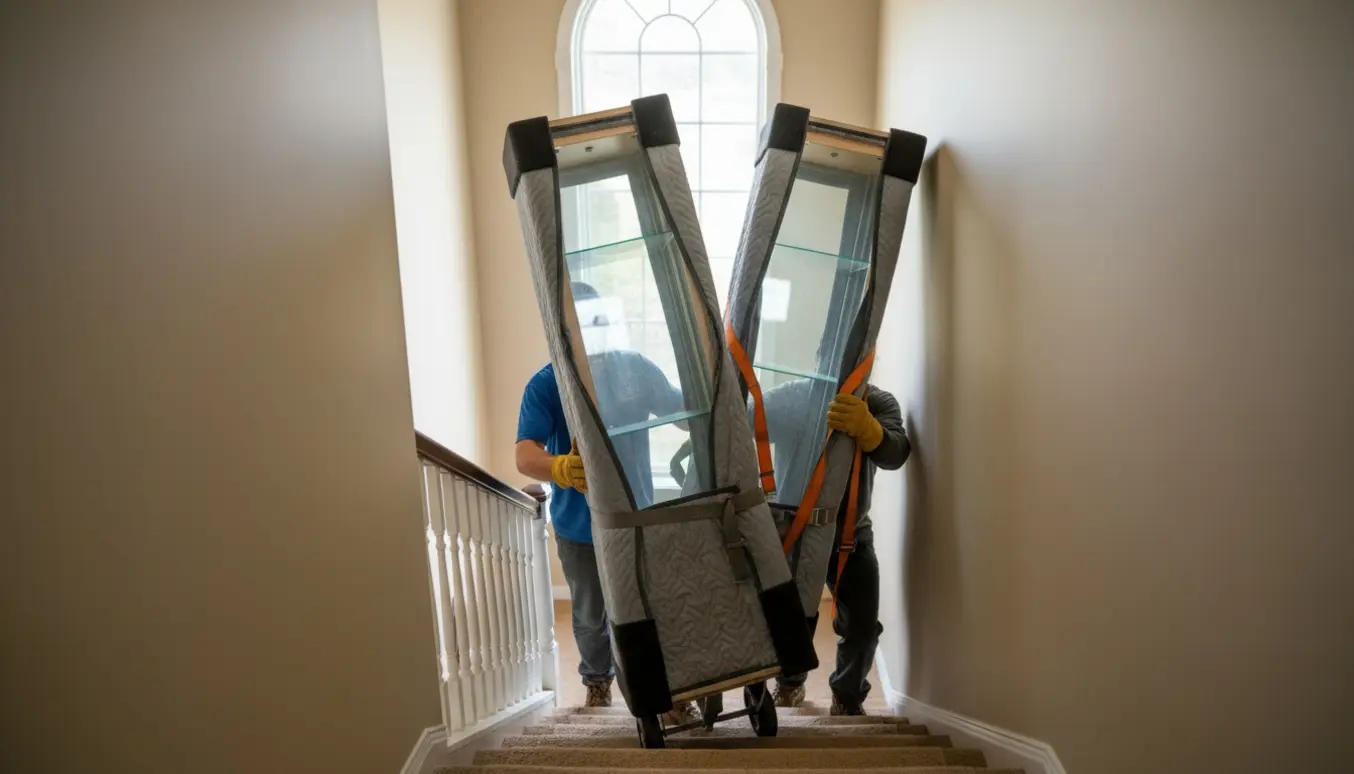 To personer bærer forsigtigt to store vitrineskabe op ad en oplyst trappe i et boligtrappeopgang.