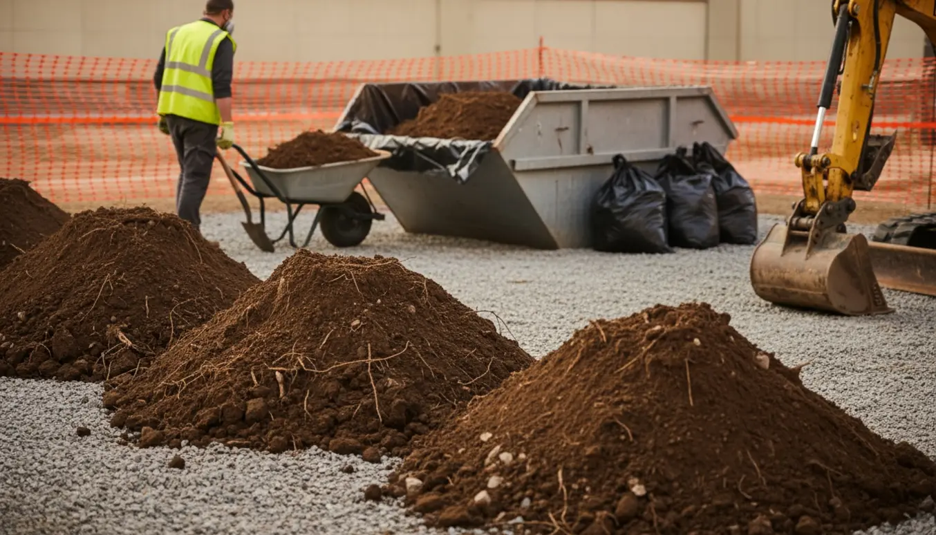 Tre-fire bunker jord på en byggegrund med trillebør, skovl og plastikforet container klar til bortskaffelse.