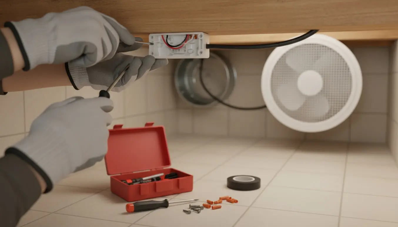 Hænder monterer en lille afbryder på et kabel under en træloftbjælke i et kælderbadeværelse.