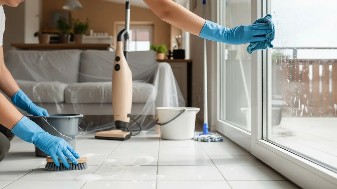 Person i handsker gør grundrengøring af vindue og gulv i hjemmet