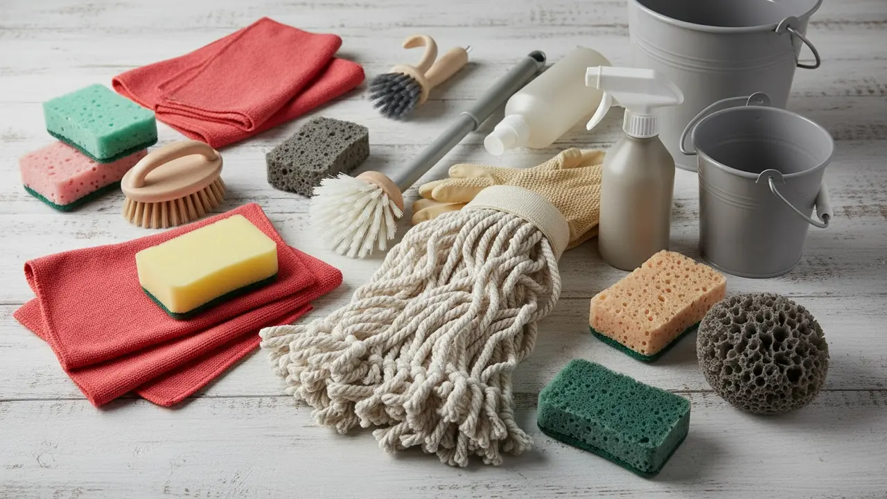 Oversigt over rengøringsredskaber: mikrofiberklude, svampe, børster og handsker