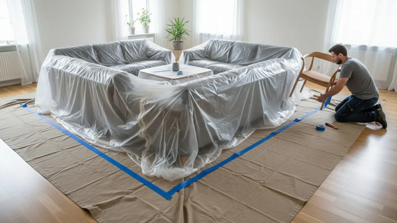 Stue med møbler samlet og dækket, klar til grundrengøring eller maling