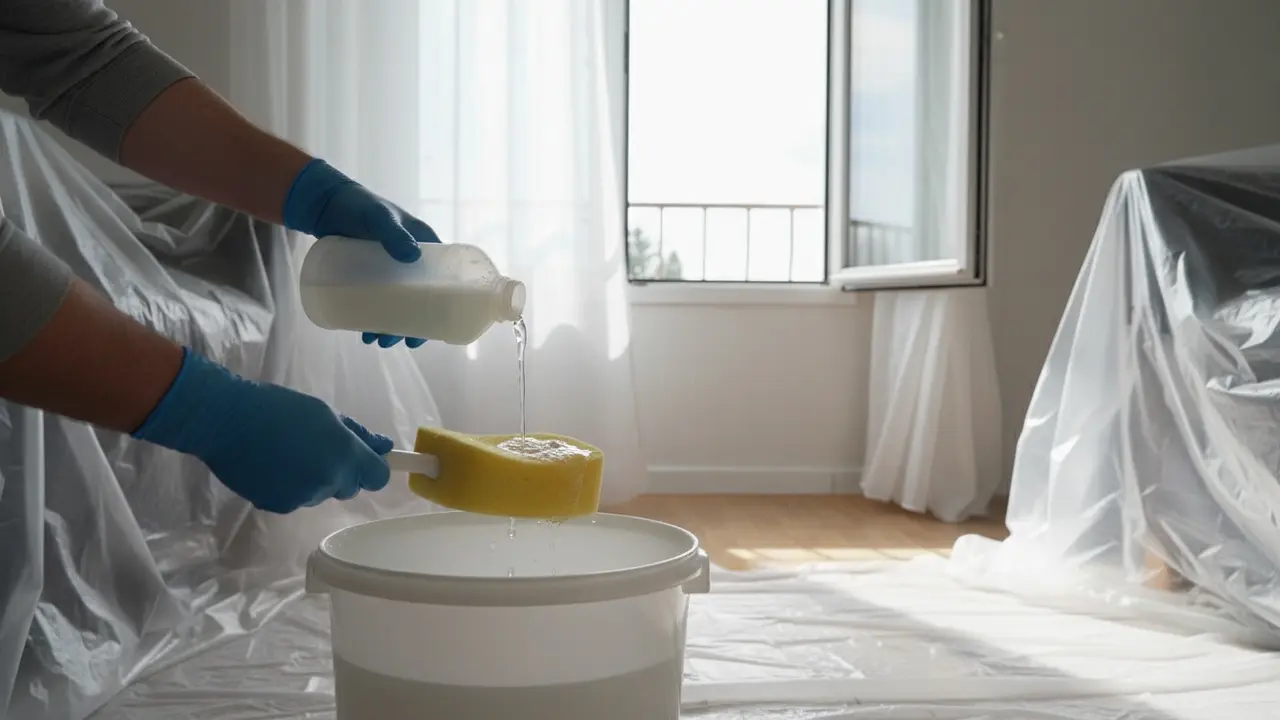 Person blander grundrens i spand og dypper svamp, med åbent vindue og afdækning