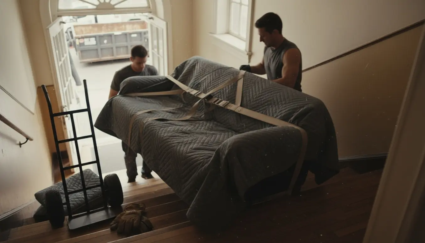 To flyttemænd bærer en sovesofa ned ad en smal trappe i en bygning uden elevator med en container udenfor.