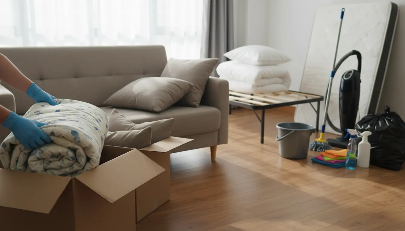 Handskerede hænder pakker sengetøj og sofahynder i kasser under rydning og rengøring af dødsbo.