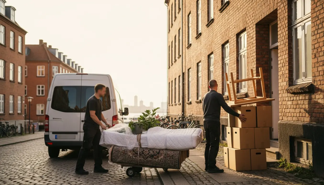 Flyttefolk læsser kasser og møbler foran en rød murstensbygning i Aarhus på en solrig dag.