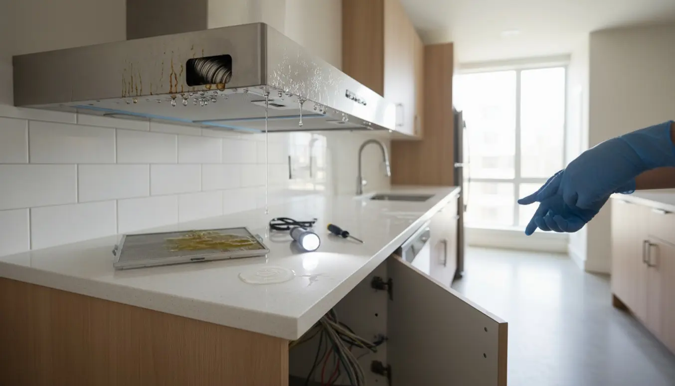 Emhætte med kondensdråber, vandpyt i hjørnet og våde ledninger ved rustne områder.