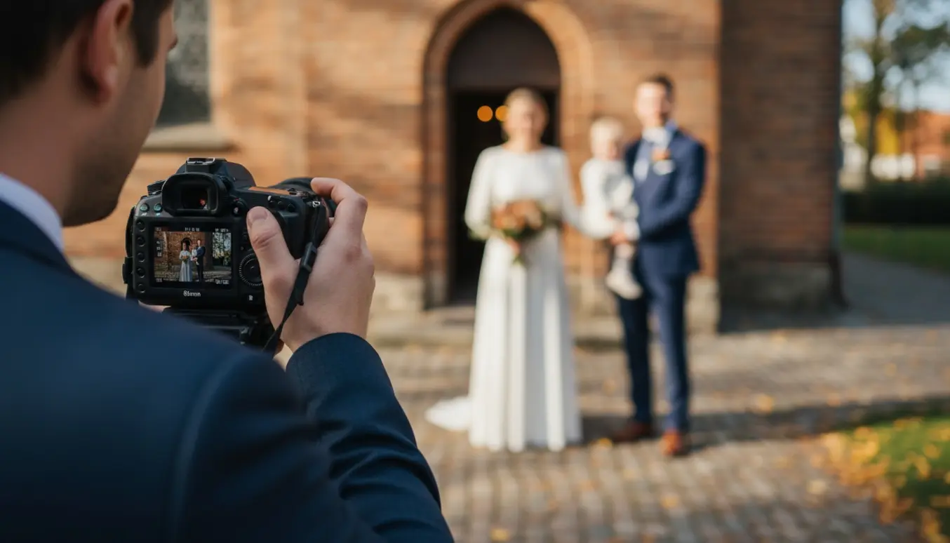 Fotograf tager billeder af et brudepar og deres lille søn udenfor en dansk kirke i varmt septemberlys.