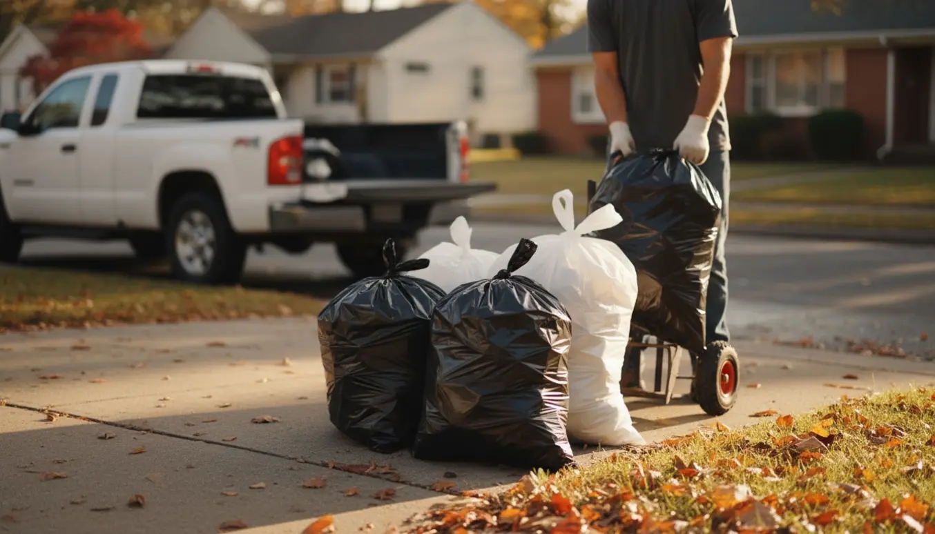 Stable affaldssække på fortovet klar til afhentning med handsker og en sækkevogn i baggrunden.