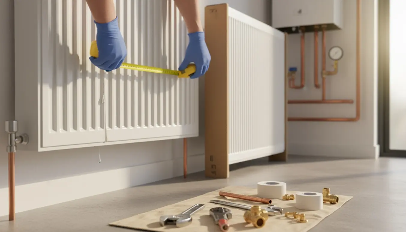 Hænder måler en gammel radiator med et lille læk, nyt panelradiator og værktøj klar til udskiftning.