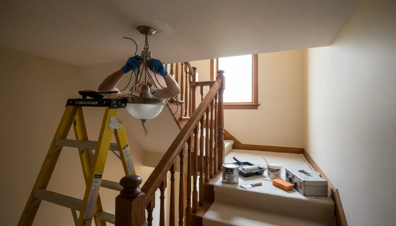 Person på justerbar trappestige fjerner en loftslampe over en trappe med spartel, maling og afdækning klar.