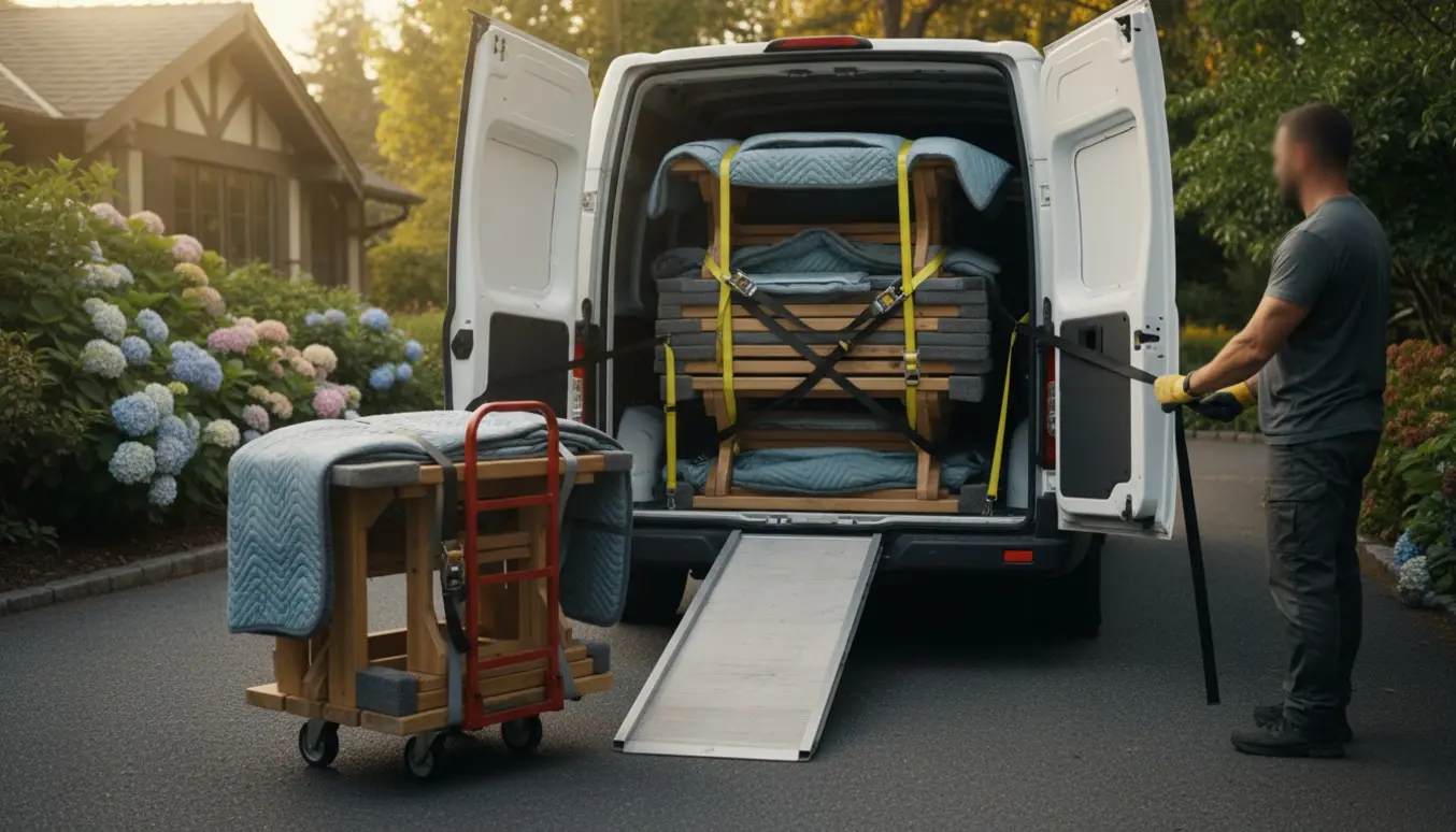 Åben varebil med tre sammenklappede bordbænkesæt sikret med tæpper og stropper, klar til aflevering.