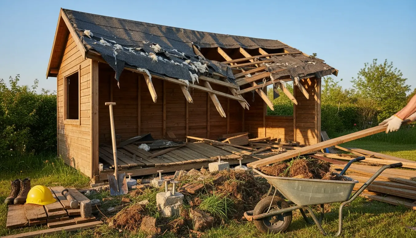 Blandet byggeaffald fra et nedrevet træsommerhus med trillebør, skovl og arbejdstøj i forgrunden.