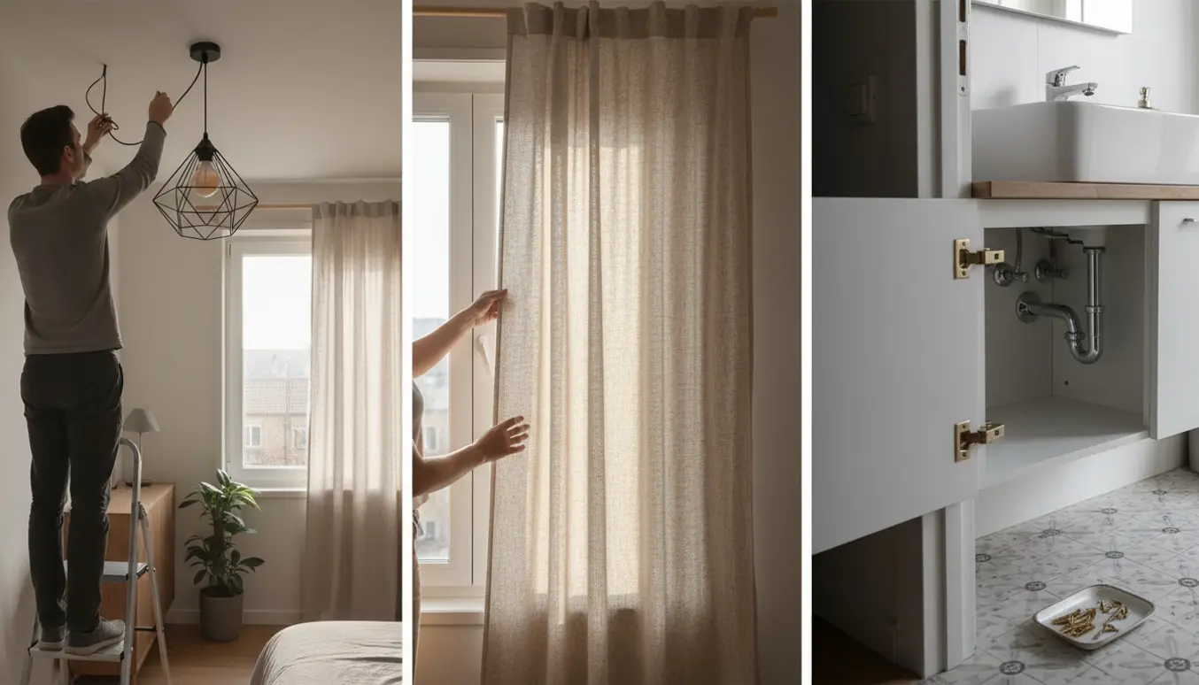 Moderne lejlighed med lampeinstallation i entré, åben badeværelsesskab med værktøj og vindue med nye gardiner.