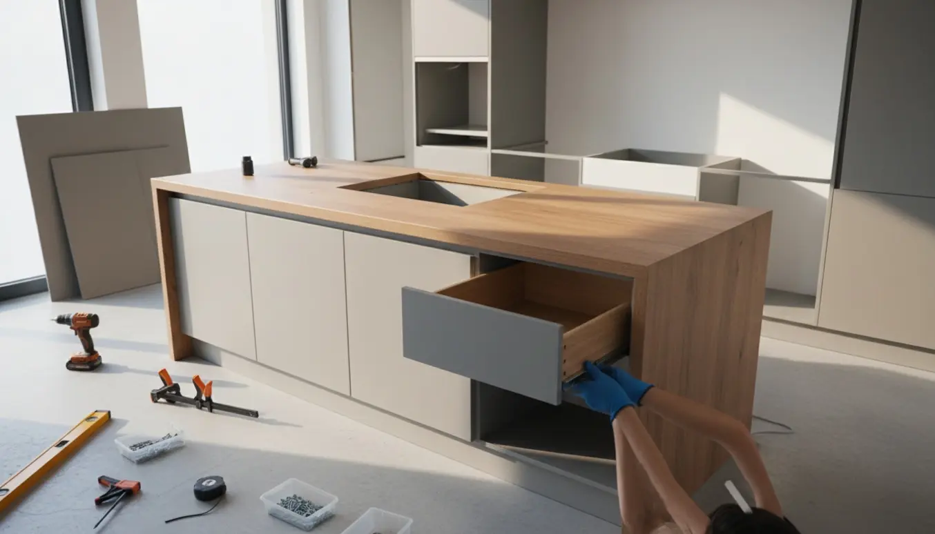 Hænder monterer skuffer i et halvfærdigt Ikea-køkken med køkkenø og vandfaldsbordplade.