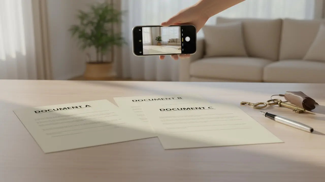 Bord med tre vigtige dokumenter, smartphone, pen og nøgler til flytterengøring