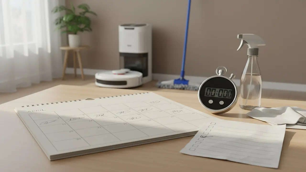 Kalender, urskive, tjekliste og rengøringsudstyr som symbol på tidsplan for rengøring