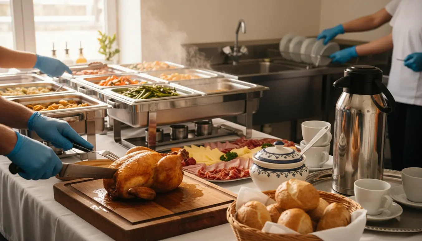 Hænder skærer steg og anretter buffet med kaffe, suppe og brød til konfirmation.