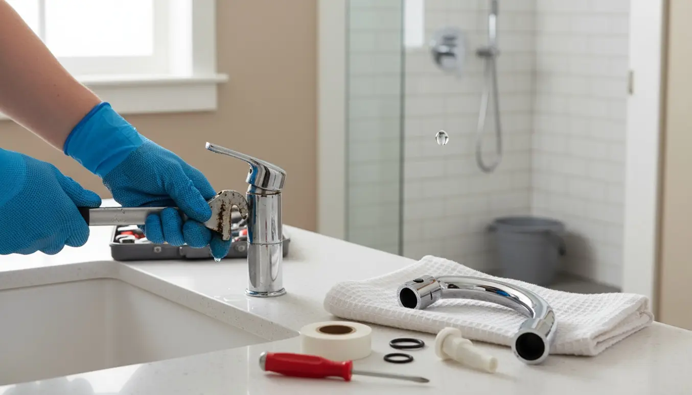 Hænder udskifter et køkkenarmatur ved vasken, mens et krom bruserbatteri drypper i baggrunden.