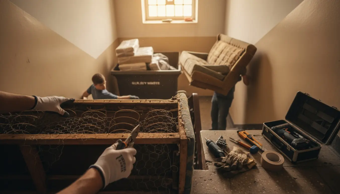 Hænder klipper hønsenet af en sofa, mens adskilte sofa-dele bæres ned ad en trappe mod storskrald.