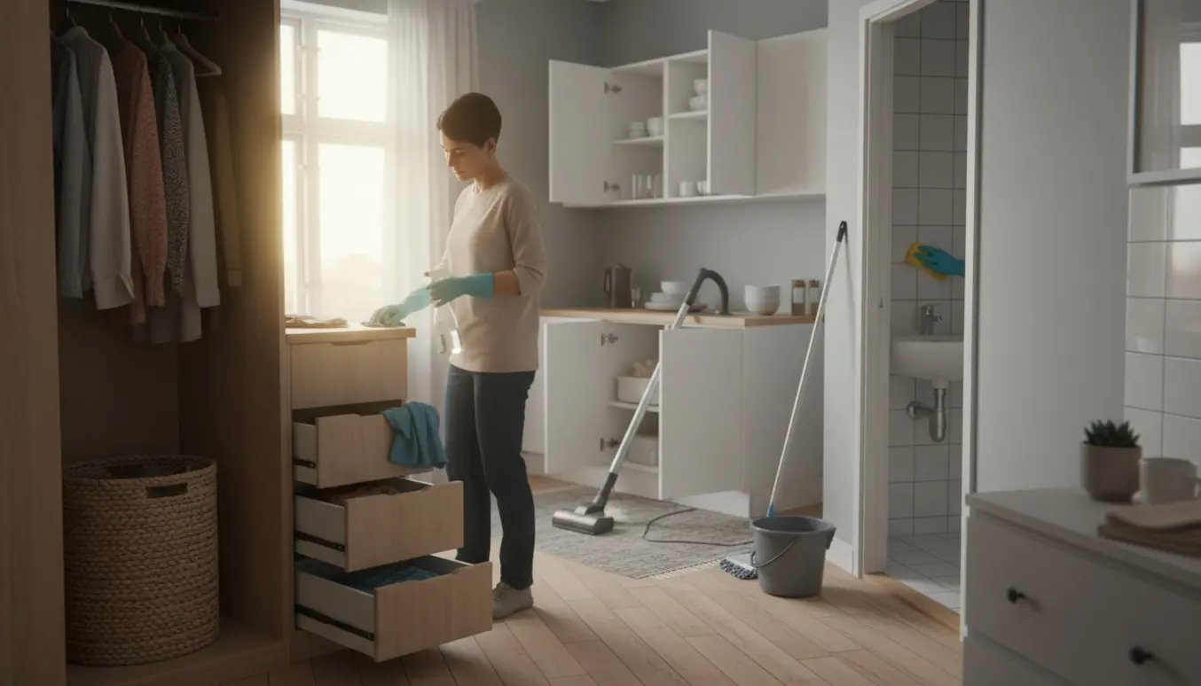 Hænder i handsker renser en lille etværelses lejlighed med åben garderobe, vasketøjskurv og rengøringsudstyr.