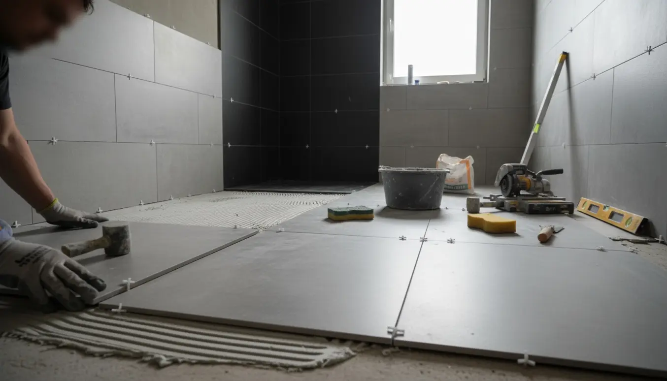 Delvist flisebelagt badeværelse med værktøj, store gulvfliser og sorte fliser i brusenichen.