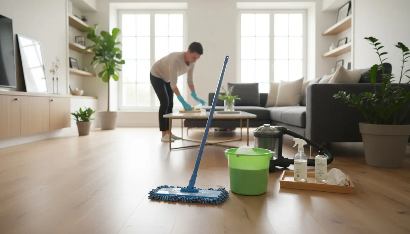 Solbeskinnet førstesals villa-lejlighed med rengøringsudstyr og en person, der mopper gulvet.