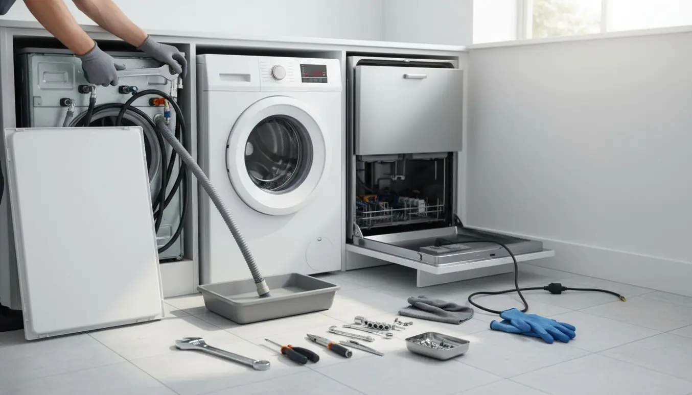 Afmontering af vaskemaskine og opvaskemaskine i et bryggers med synlige værktøjer og løse slanger.