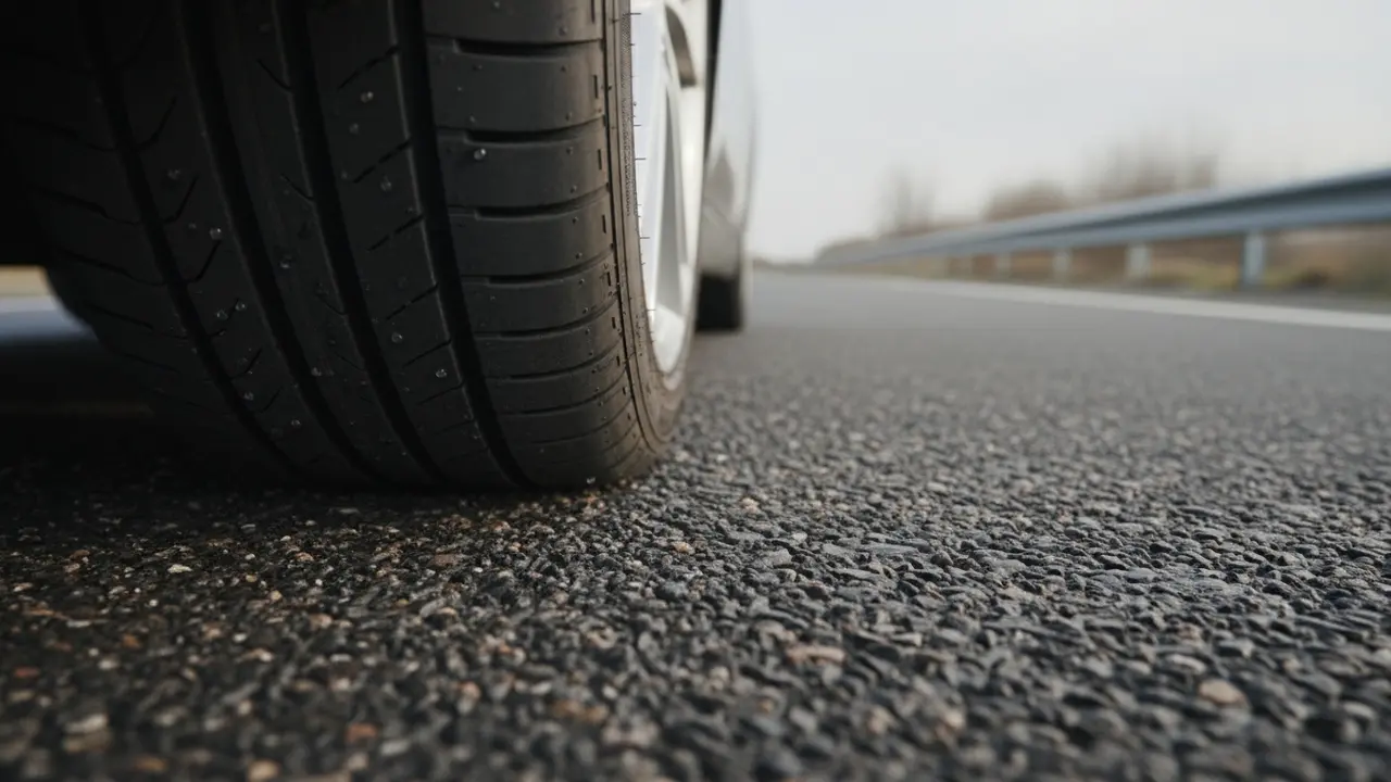 Nærbillede af bildæks slidbane i kontakt med vejoverfladen, synlig kontaktflade og vanddråber.