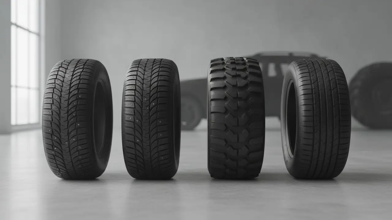 Række af forskellige dæktype på række, med tydelige forskelle i slidbanemønster for sommer, vinter, helår, off-road og performance.