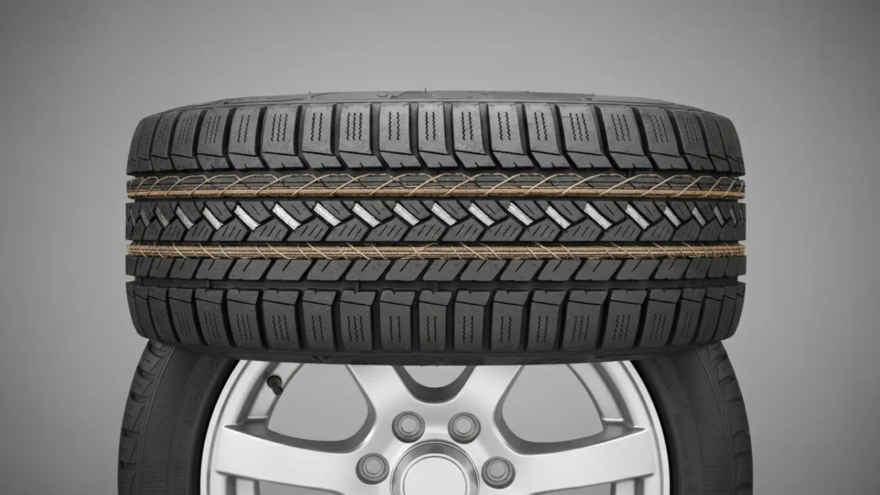 Detaljeret tværsnit af et bildæk på fælg, der viser slidbane, lag, sidevæg og bead uden tekst.