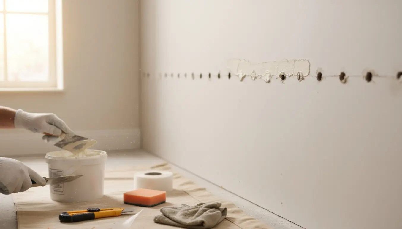 En hånd glatter frisk spartelmasse over en række små huller i en gipsvæg med værktøj på et beskyttende underlag.