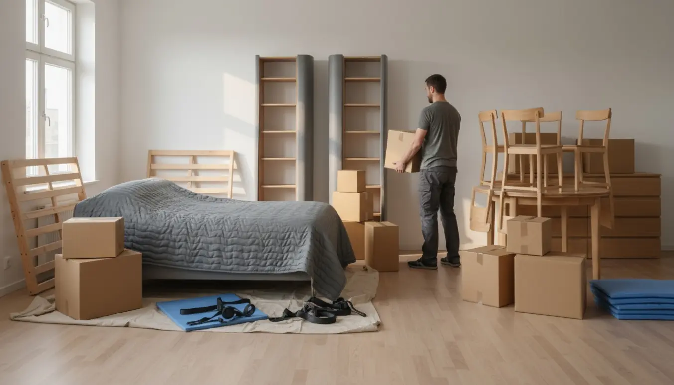 En solo flyttemand og husejer bærer en flyttekasse i en lys, ryddelig lejlighedsentré omgivet af møbler og flyttekasser.