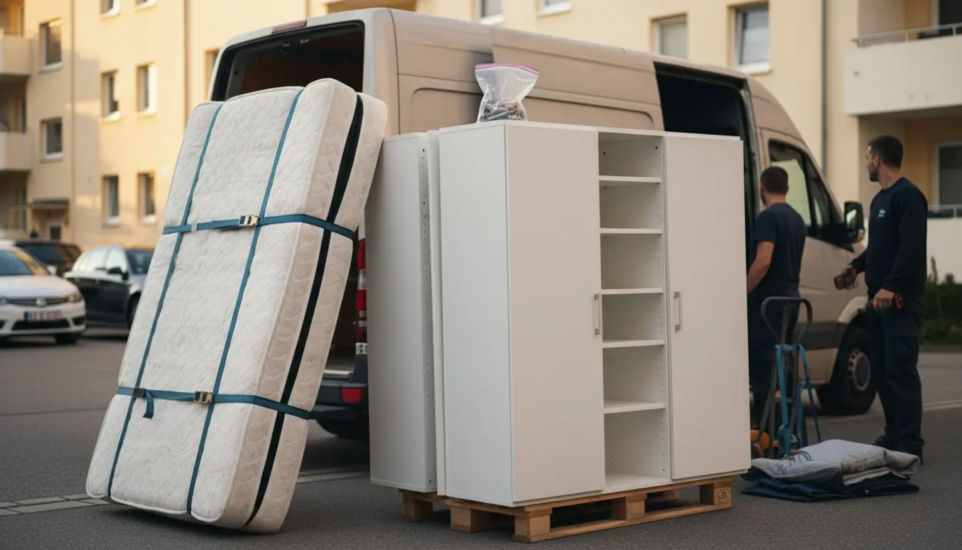 En stor boxmadras og et adskilt PAX-garderobeskab stablet ved kantsten klar til afhentning af storskrald.