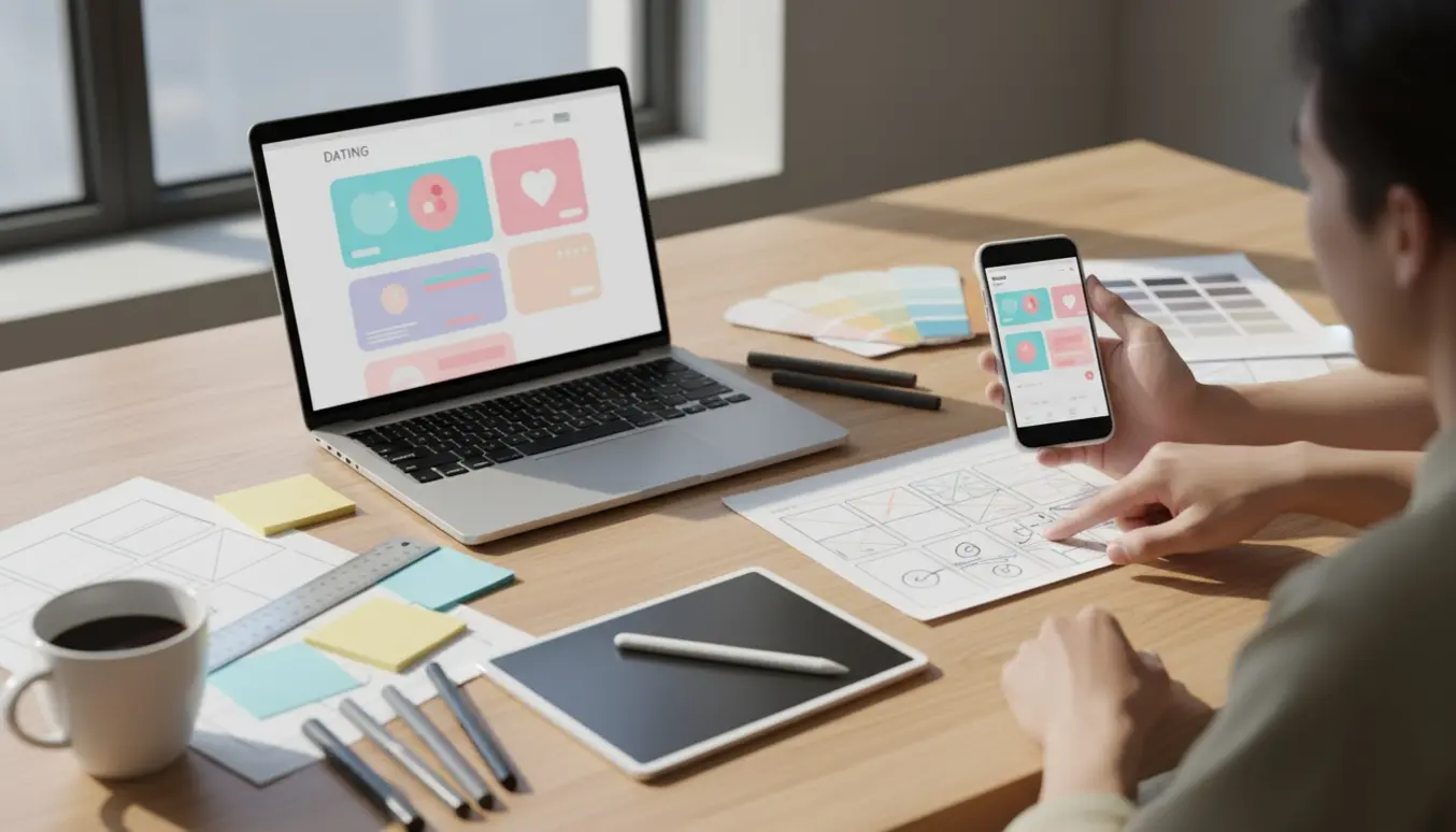 Et lyst skrivebord med laptop og smartphone der viser mockups til en datingside og app, omgivet af skitser og farveprøver.