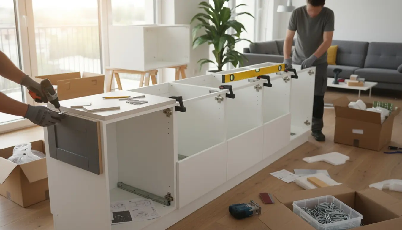 Delvist monteret fladpakket køkken i en lys lejlighed med værktøj og hænder, der finjusterer skabe uden tydelige ansigter.