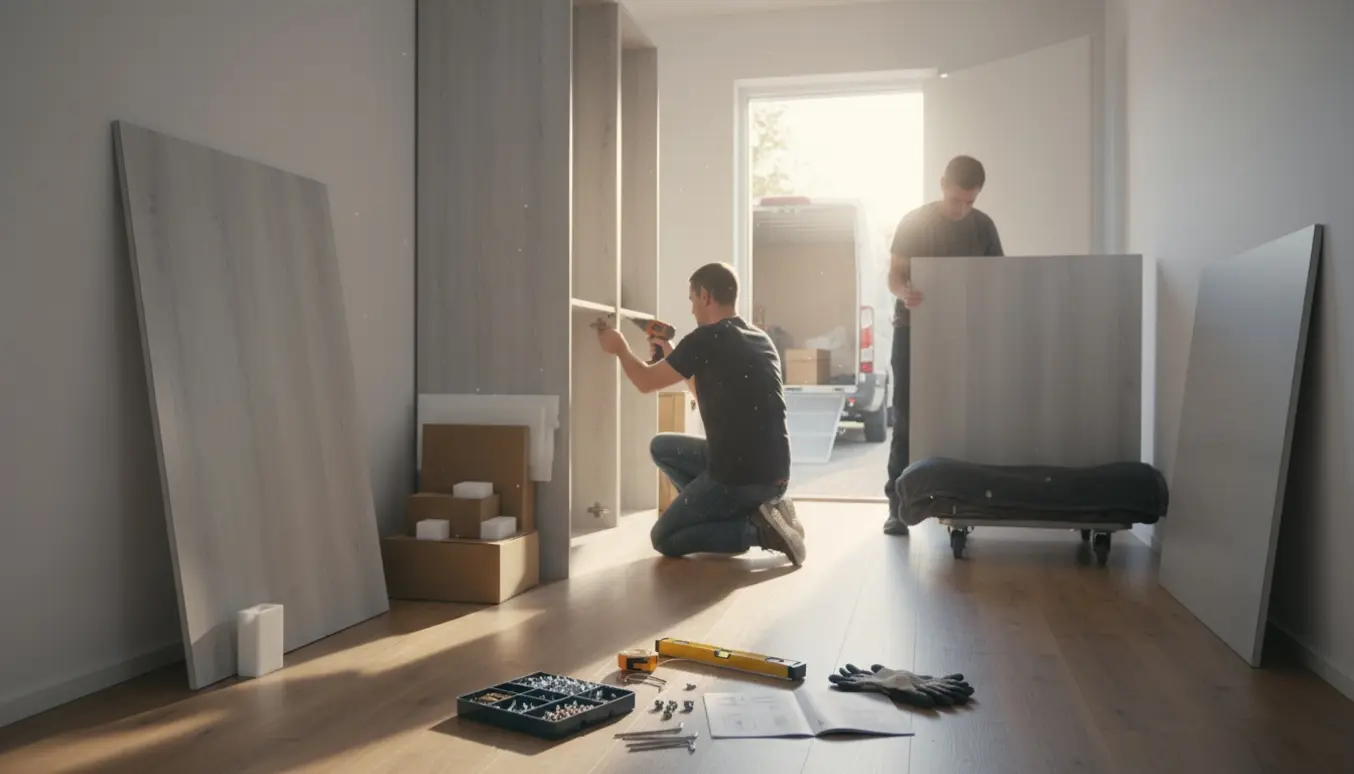 Montører samler en høj fladpakket garderobe i en lys lejlighed med værktøj og en flyttebil i baggrunden.