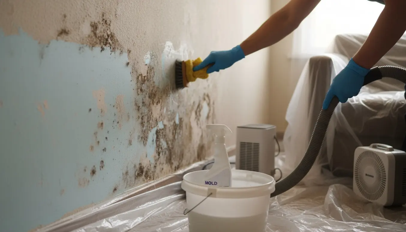 Nærbillede af skimmelsanering på lejlighedsvæg med handsker, børste og afdækningsudstyr.