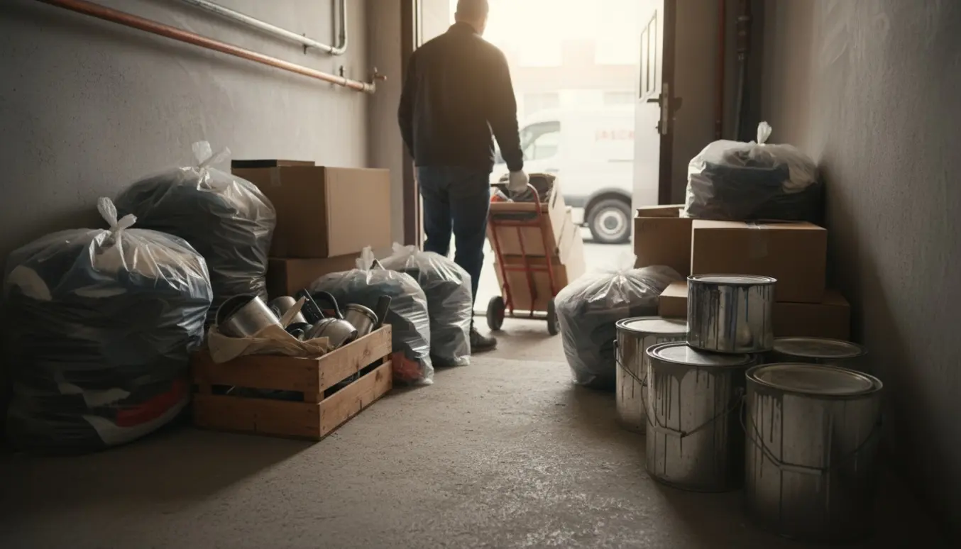 Affald pakket i poser og kasser i en kældertrappe klar til afhentning.